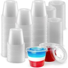 plastic cups with different colors and sizes are shown in front of each other on a white background