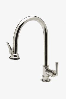 a kitchen faucet with two handles and nozzles on the side, against a white background