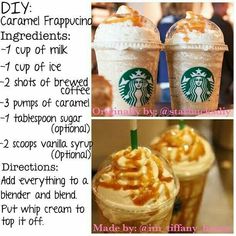 starbucks frappuraine iced drinks with caramel syrup and whipped cream on top