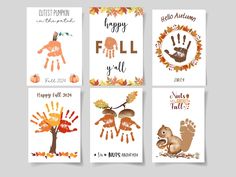 four thanksgiving cards with hand prints and autumn leaves