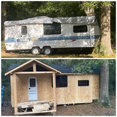 two pictures side by side one with a trailer and the other with a house built into it