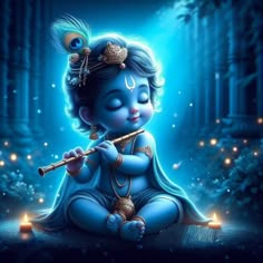 a little boy sitting on the ground with a flute in his hand and lights around him