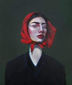 a painting of a woman with a red scarf on her head and black shirt underneath