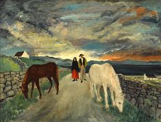 a painting of two people walking down a road with horses