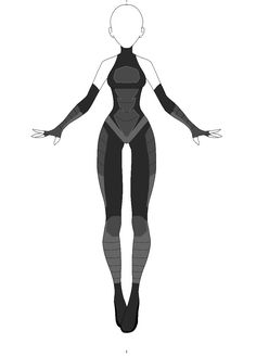 a woman in black and grey bodysuit standing with her hands out to the side