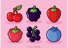 various fruits and vegetables are shown on a pink background, including cherries, strawberries, blueberries, plums, and tomatoes