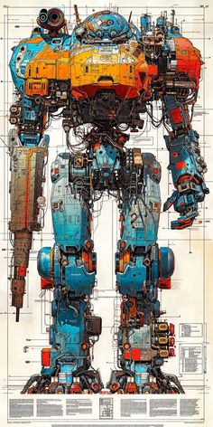 a blue and orange robot is shown in this drawing