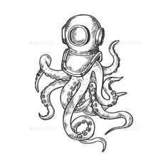 an octopus with a diving helmet on it's head is drawn in black ink