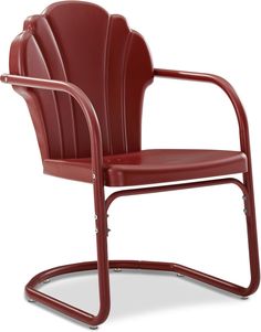 a red plastic chair with metal frame and armrests on an isolated white background