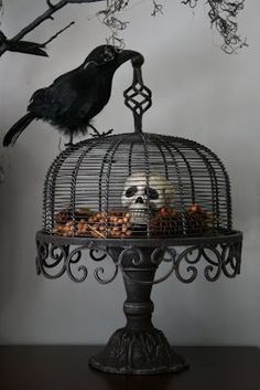 a black bird in a cage on top of a table