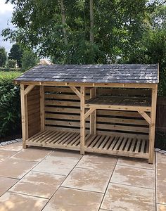 a wooden shed sitting on top of a patio