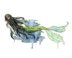 a watercolor painting of a mermaid with long hair