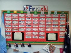 a bulletin board with flags hanging from it