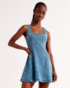 Flattering mini dress in our classic and comfortable denim fabric, featuring a square neckline and on-trend seaming details. Skort Dress, Abercrombie And Fitch Dresses, Nashville Outfits, Womens Shift Dresses, Short Sleeve Mini Dress, Denim Mini Dress, Pink Mini Dresses, Mini Shift Dress, Types Of Dresses