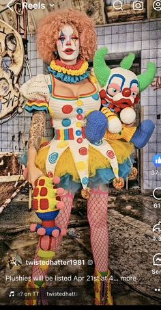 a woman dressed as a clown holding a stuffed animal in front of a tiled wall