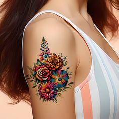 Tatoos Flowers Arm, Mimosa Tree Tattoo, Mixed Flower Tattoo, Flower Bouquet Tattoo, Flower Tat, Bouquet Tattoo, Daisy Tattoo, Elbow Tattoos, Birth Flower Tattoos