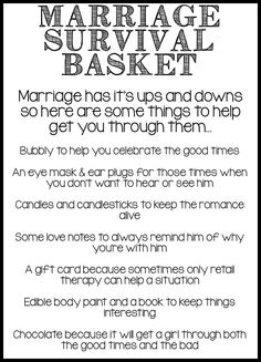 a poster with the words marriage survival basket written in black and white, on top of it