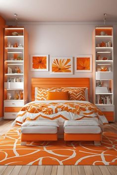 an orange and white bedroom is shown in this image