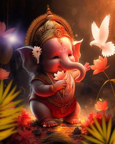 there is a small elephant that is sitting on the ground with flowers in front of it