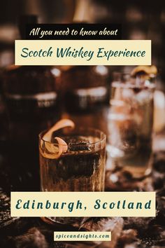 an advertisement for scottish whiskey experience featuring two glasses with ice and cinnamon on the table