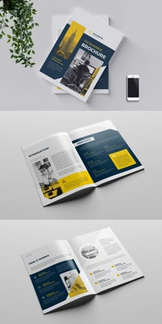 an open brochure with yellow and blue colors