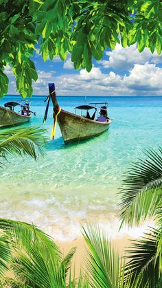 two boats in the water near some palm trees