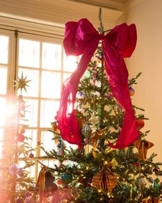 a decorated christmas tree with red bows