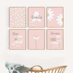 pink nursery art prints with daisies and the words, you are so loved