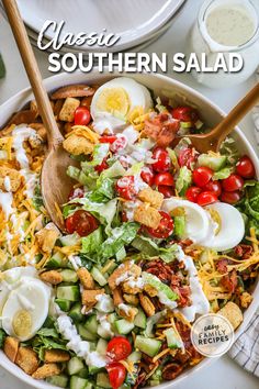 Southern Salad is a hearty main-dish-worthy salad with crisp Romaine topped with cheddar cheese, hard boiled eggs, cheese, tomatoes, bacon, and croutons, then drizzled with creamy buttermilk dressing. This Southern Salad recipe is the ultimate green salad recipe! The Southern Salad Dressing is so creamy and full of flavor, and I love that this salad is made with plenty of protein so that it can be a full meal in one. This Classic Southern Salad has it all!