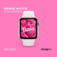 an apple watch with the words barbie on it's screen and heart - shaped buttons