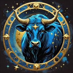 a bull with horns and stars in the background