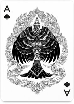 a black and white playing card with an eagle on it