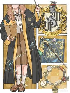 the hogwarts character is holding a wand and wearing a harry potter robe, with other items around her