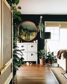 an instagram photo of a living room with plants on the wall and a mirror