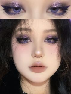 Purple Makeup Goth, Gothic Douyin Makeup, Goth Douyin Makeup, Purple Douyin Makeup, Dark Purple Eye Makeup, Cowgirl Makeup Ideas, Purple Goth Makeup, Dark Purple Makeup