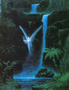 a painting of a person in the middle of a waterfall surrounded by trees and plants