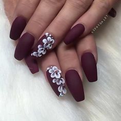 Matte Burgundy Coffin Nails with Flowers Nail Art Dessin, 16 Nails, New Nail Designs, Purple Nail, Ideas Nails