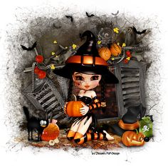 a digital painting of a girl dressed as a witch with pumpkins and other halloween decorations