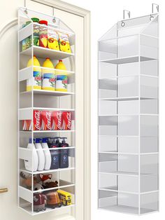 the door is open to reveal an organized pantry