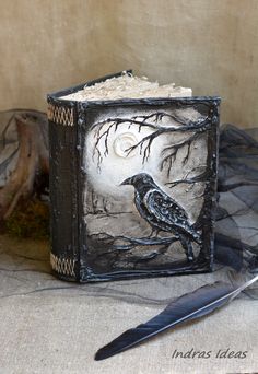 a black and white box with a bird sitting on it's side next to a feather