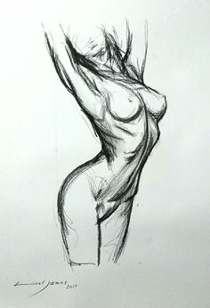 a black and white drawing of a woman's body with her hands behind her back