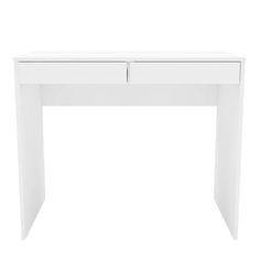 a white desk with two drawers on the top and one drawer open to reveal something