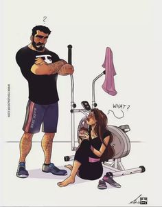 a man and woman standing next to each other in front of a gym equipment machine