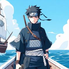 an anime character standing on the deck of a boat with a ship in the background