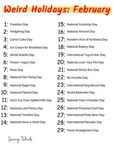 the national holiday calendar is shown in red, white and blue with words that read weird holidays