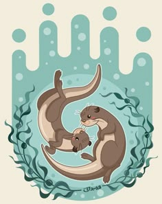 an otter and her baby are swimming in the water with bubbles on it's surface