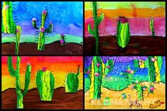 four different paintings of cactuses in the desert