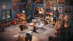 a living room filled with furniture and paintings on the wall above it is a small boy standing in front of a table