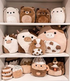 several stuffed animals are on shelves in a closet