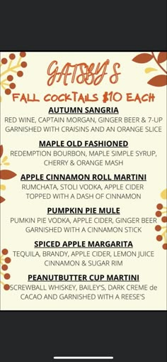 the menu for gatsby's fall cocktails